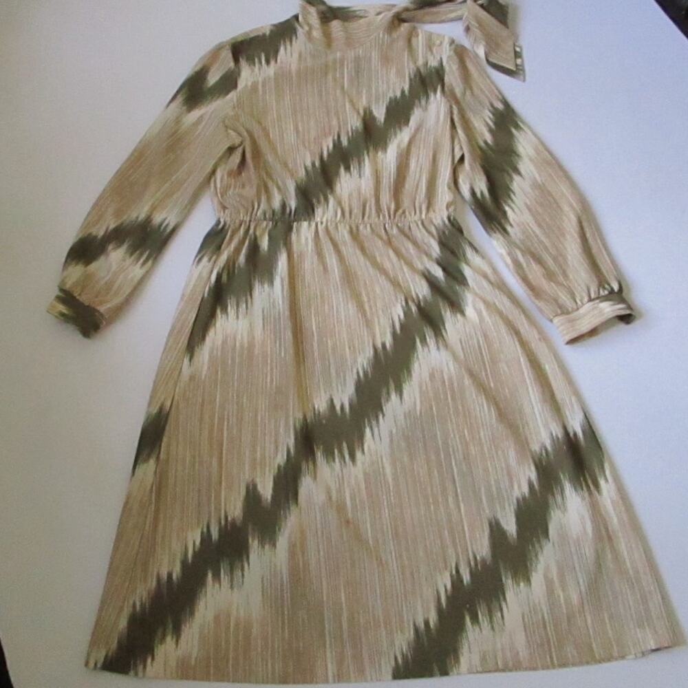 Vintage 70s Abstract Midi Dress High Neck Side Bow Olive Taupe M - Picture 17 of 17